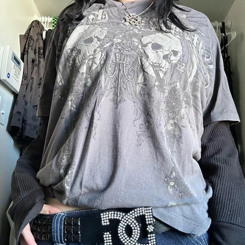 Maxct Japanese Edgy 00s Retro Gothic Emo T-shirt Cyber Y2K Grunge Mall Goth Top Patchwork Full Sleeve Baggy Pullovers Tees