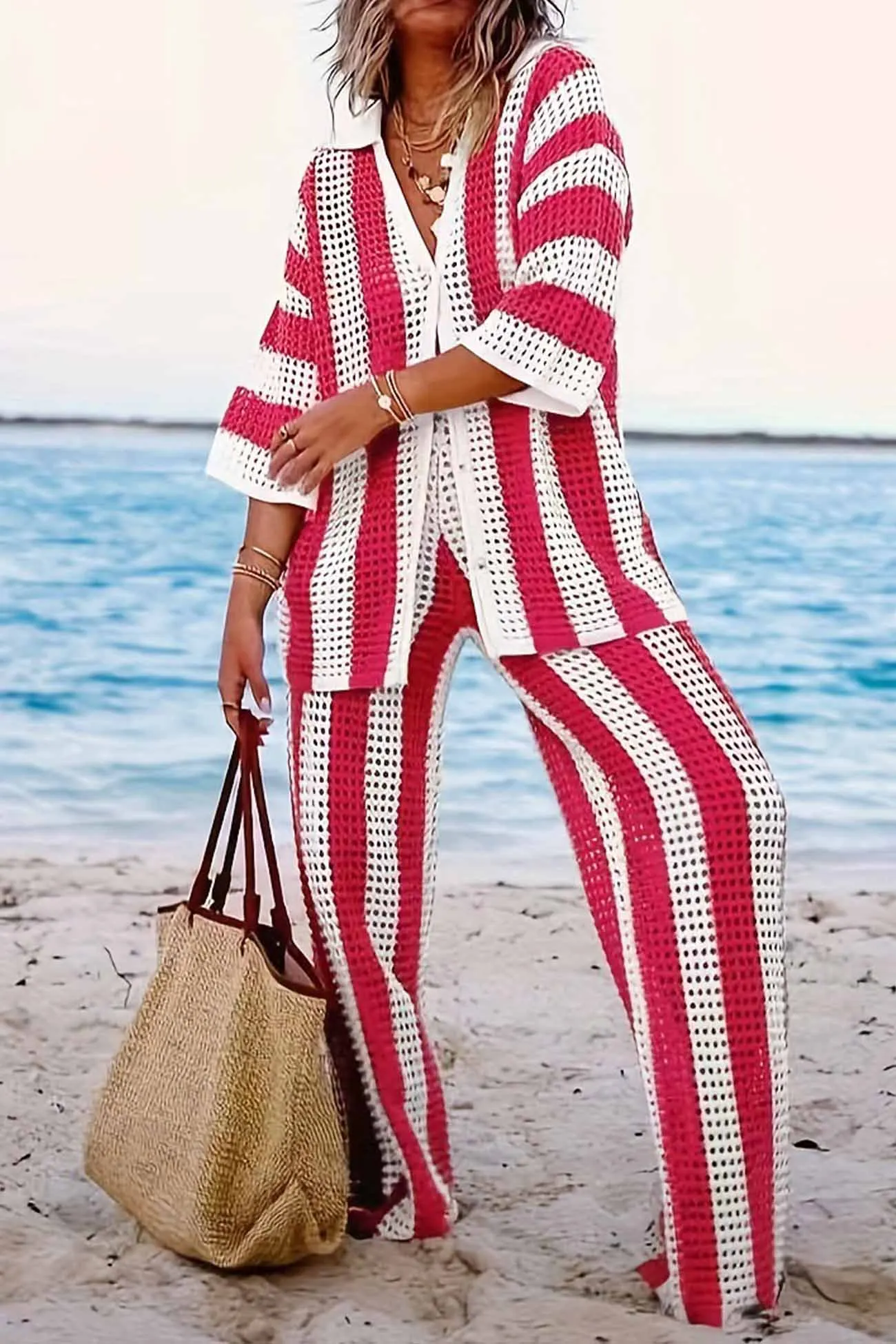 Maxct Contrast Stripe Hollow Long Pants Set