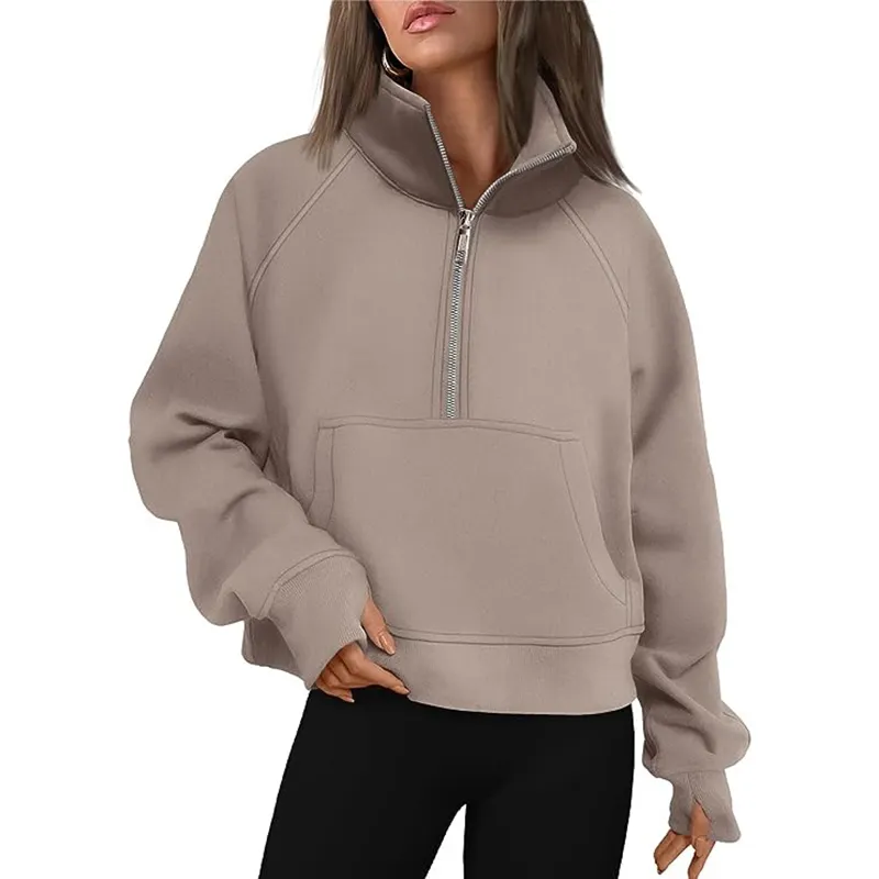 Maxct Casual Half Zipper Plush Hoodies Women Loose Solid Lapel Pockets Sweat Shirt Female Autumn Chic Warm Sports Yoga Outwear