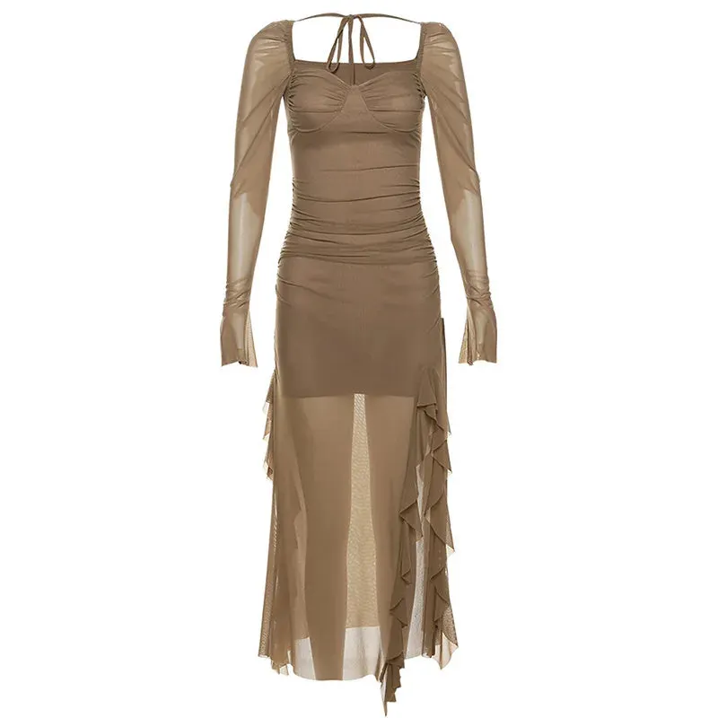Y2k Gentle Temperament Ruffled Square Collar Slit Dress FeCross-Border Solid Color Long Sleeve Strap Wrapped Hip Long Dress Maxct