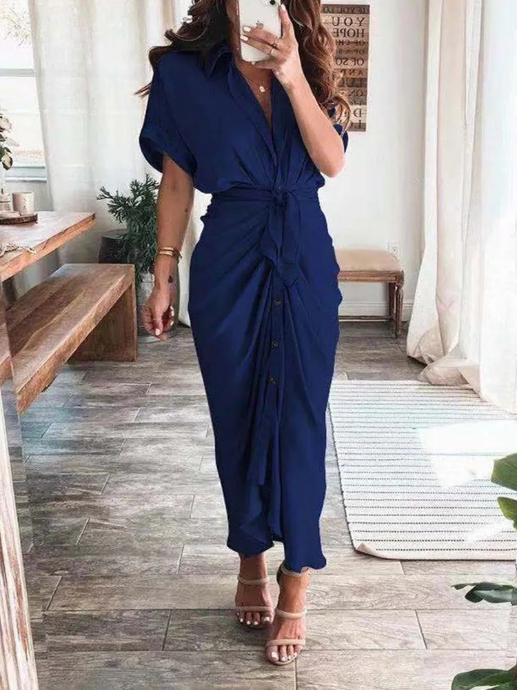 Satin Pleated Bandage Shirt Dress Maxct