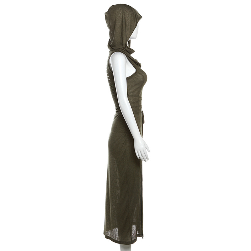 Wasteland Punk Dress y2k Solid Color Sleeveless Hollow Out Back Side Slit Hooded Dress 2000s Grunge Party Dresses