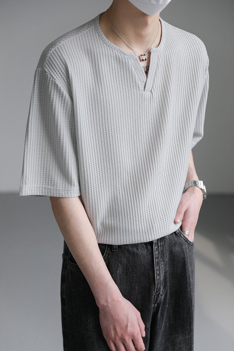 Maxct 90s Streetwear Summer New Korean Style Loose Small V-neck Short-sleeved T-shirt Men's Fashion Brand Wafflet High-end Sense Half-sleeved T-shirt Top
