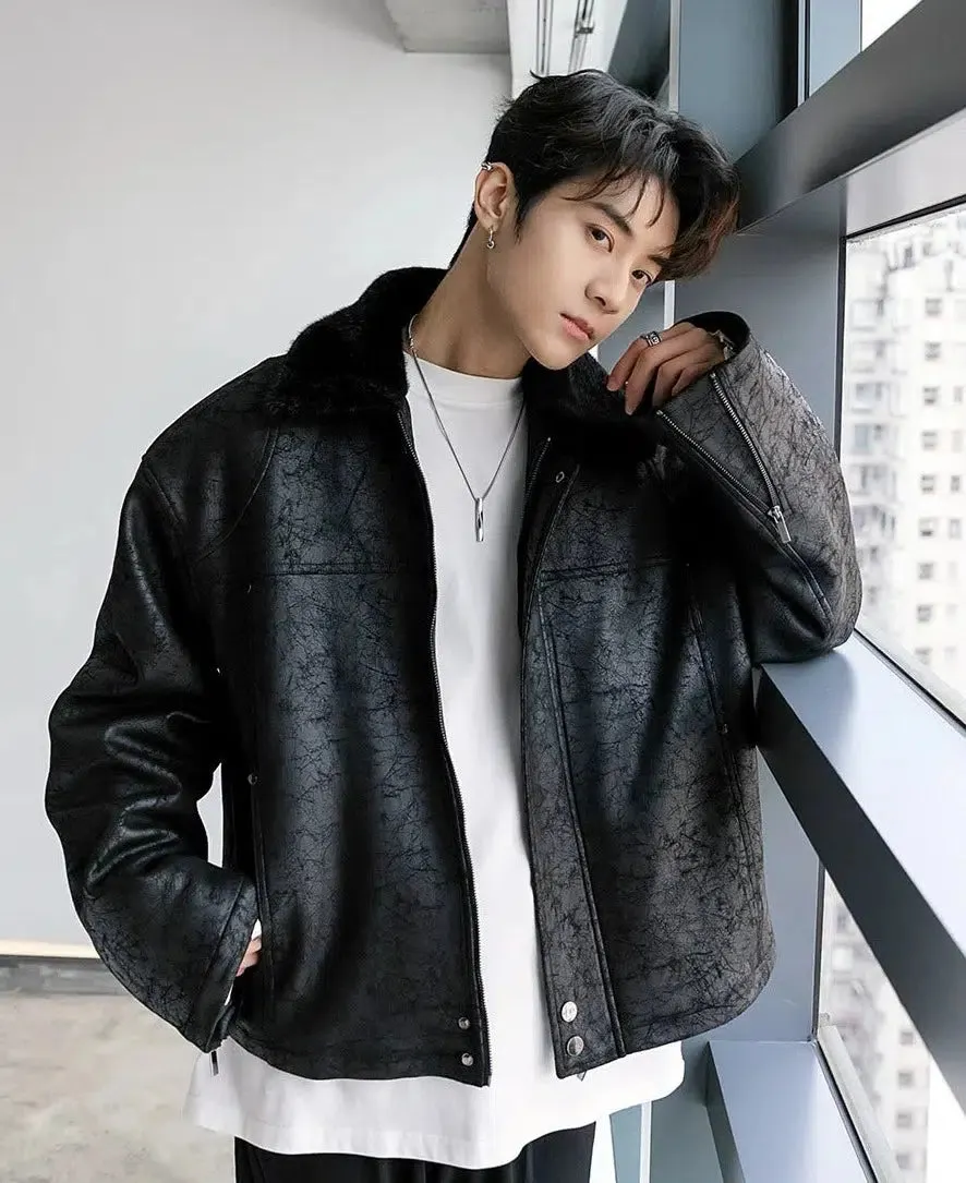 Maxct Black Vintage Textured PU Leather Jacket