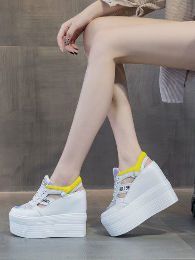 Genuine Leather Women's Platform Sneakers - 12cm Heel - true deals club