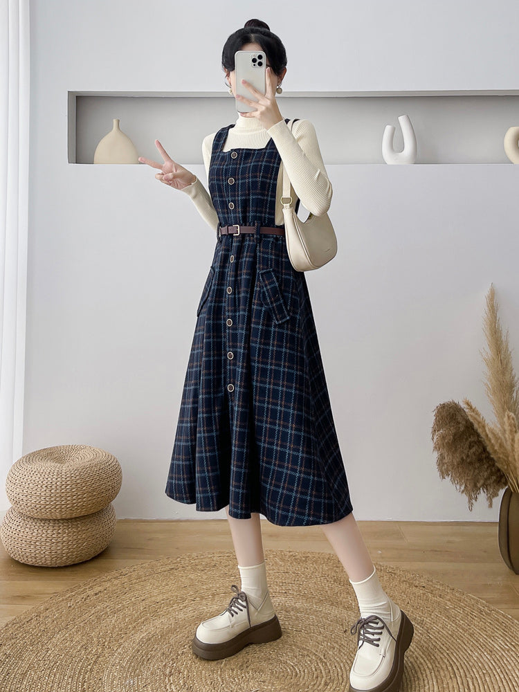 Button Up Plaid Pinafore Dress Maxct