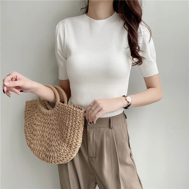 Maxct Turtleneck Knitted T-shirts Tops Woman Slim Short Puff Sleeve Buttons Soft Solid Autumn T-shirt Tee Female