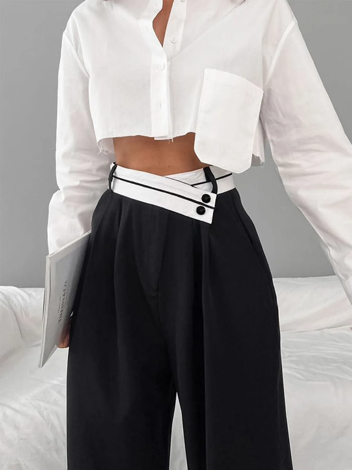Maxct Asymmetrical Contrast Waistband Wide Leg Dress Pants