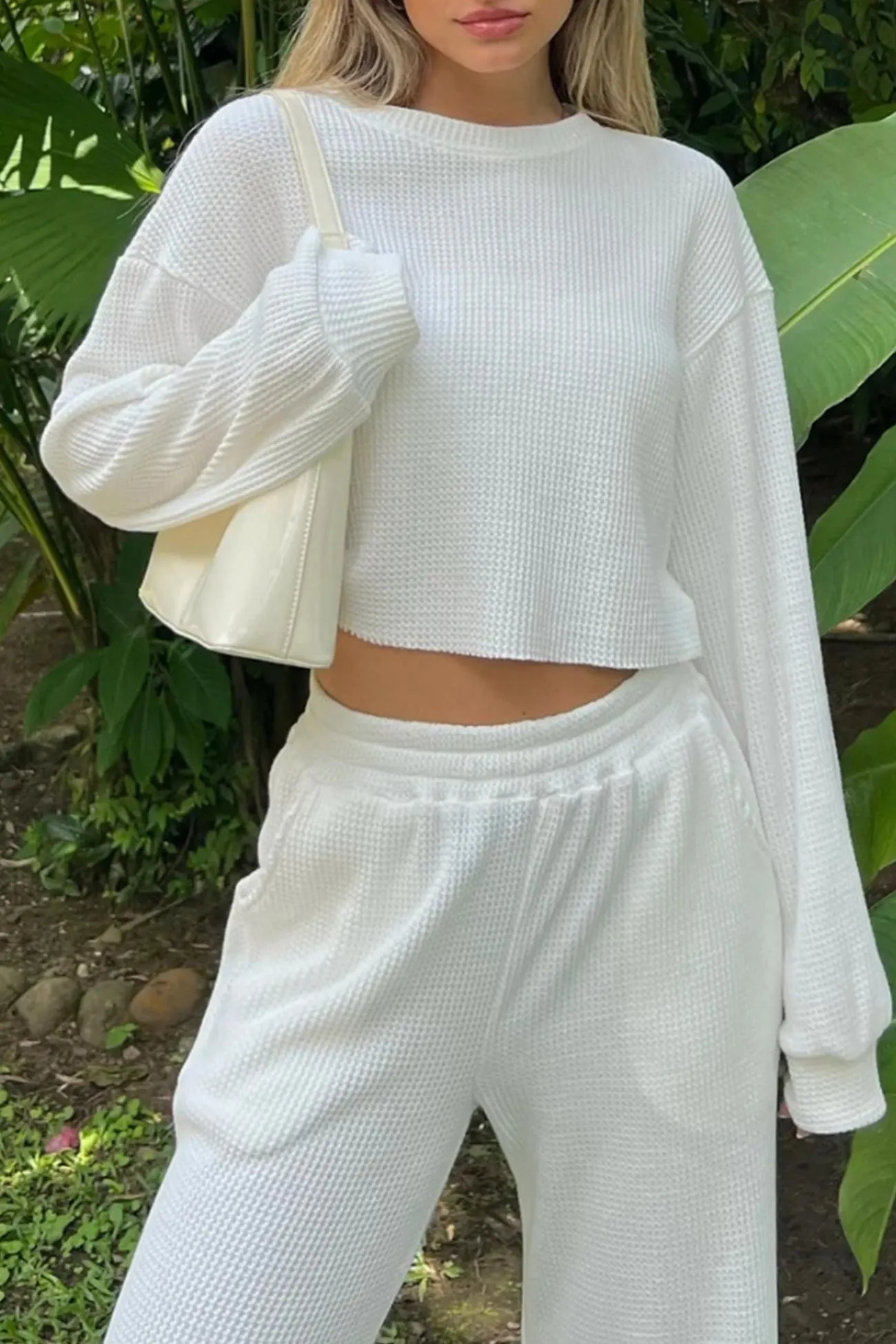 Maxct Waffle Solid Sweatshirt Long Pants Set