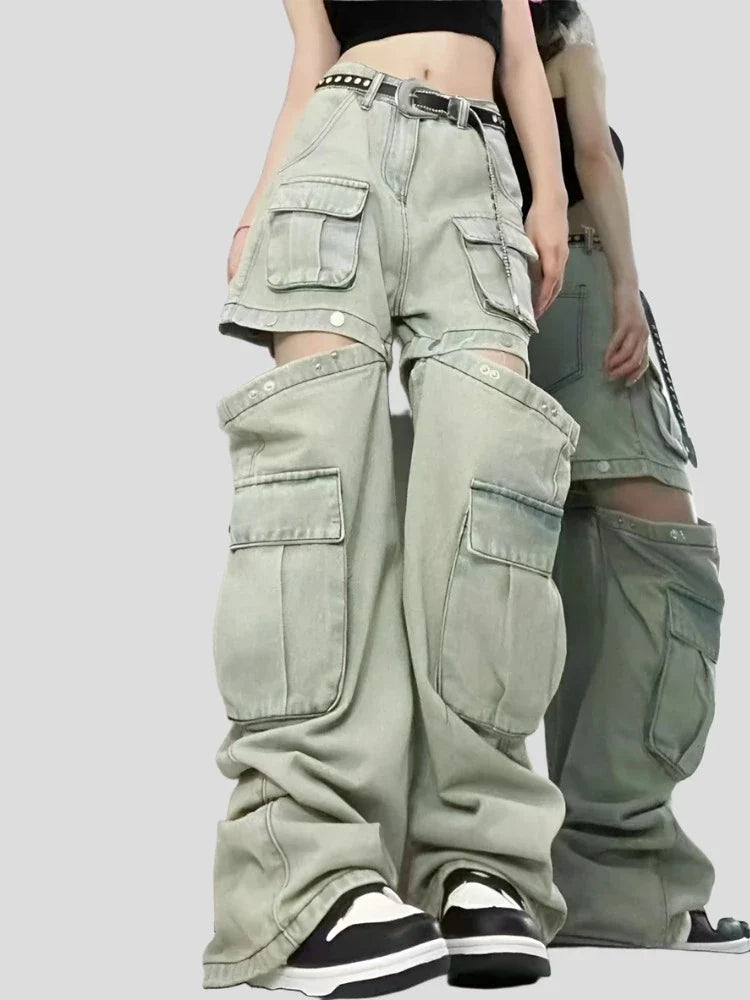 Women's Splicing Design High Waisted Jean Shorts Wide Leg Denim Pants Maxct