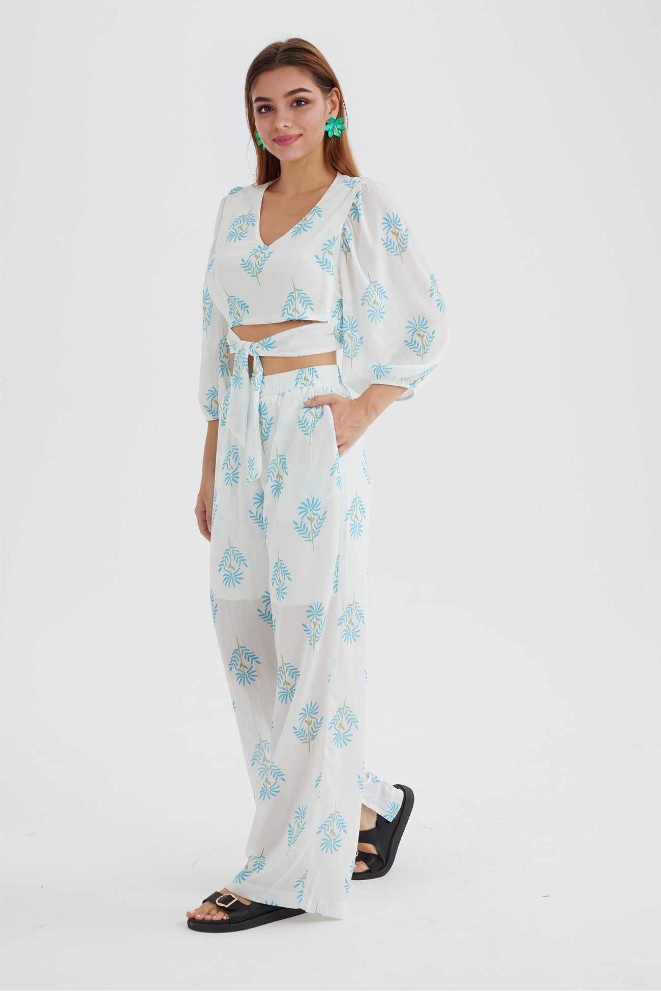 Maxct Floral Print Puff Sleeve Knotted-front Tops Long Pants Suits