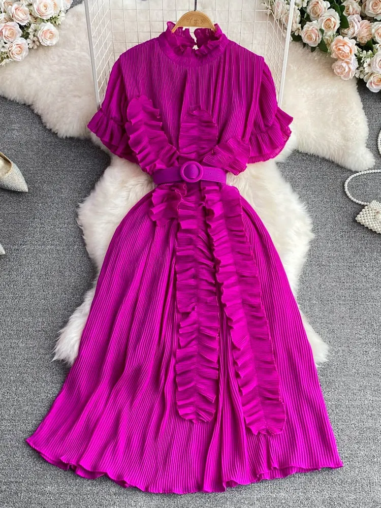 Maxct Women Pleated Midi Dress Purple/Red/White Stand Collar Short Flare Sleeve High Waist A-Line Ruffle Party Vestidos Female