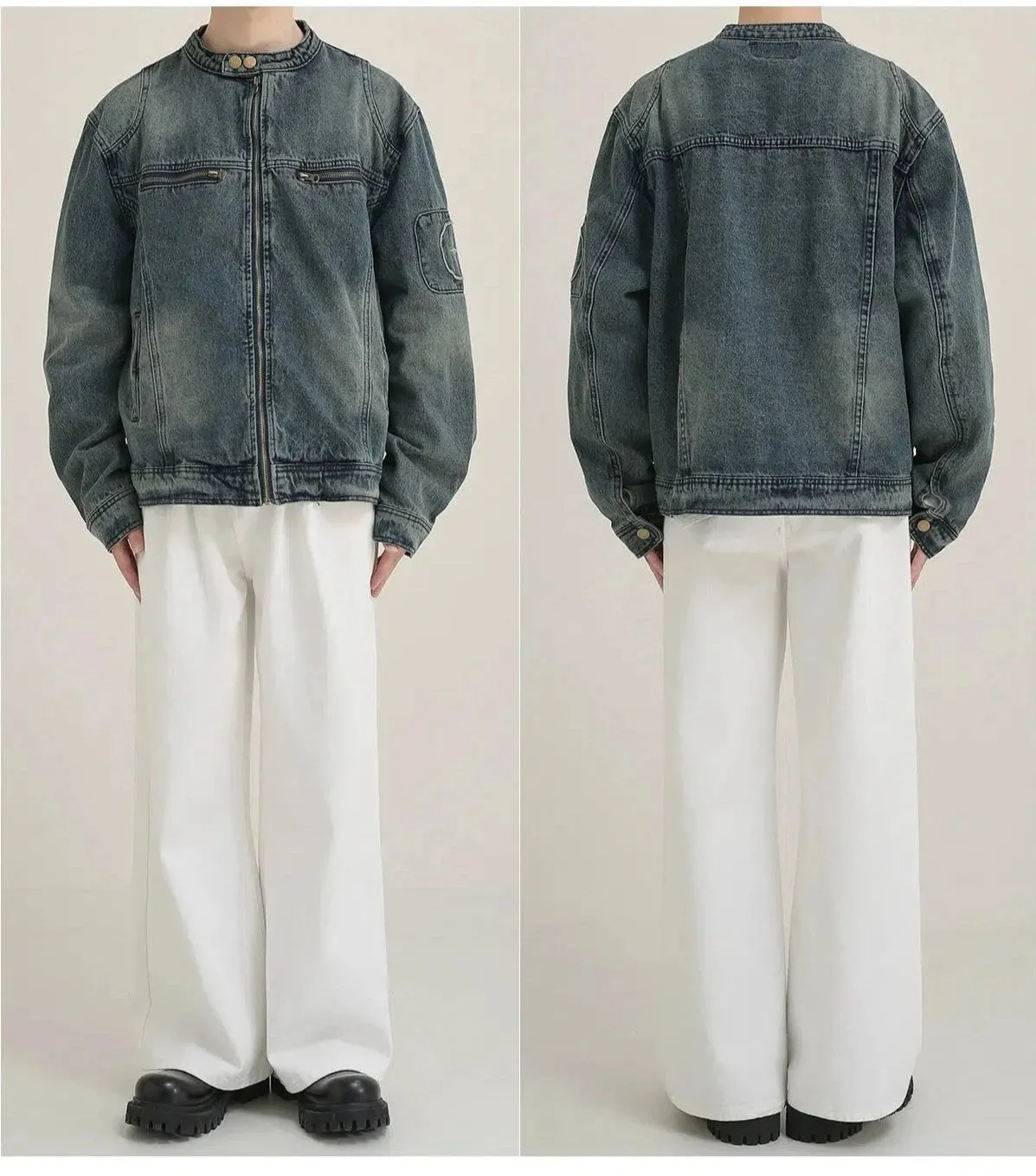 Maxct Zip Washed Stand Collar Denim Jacket