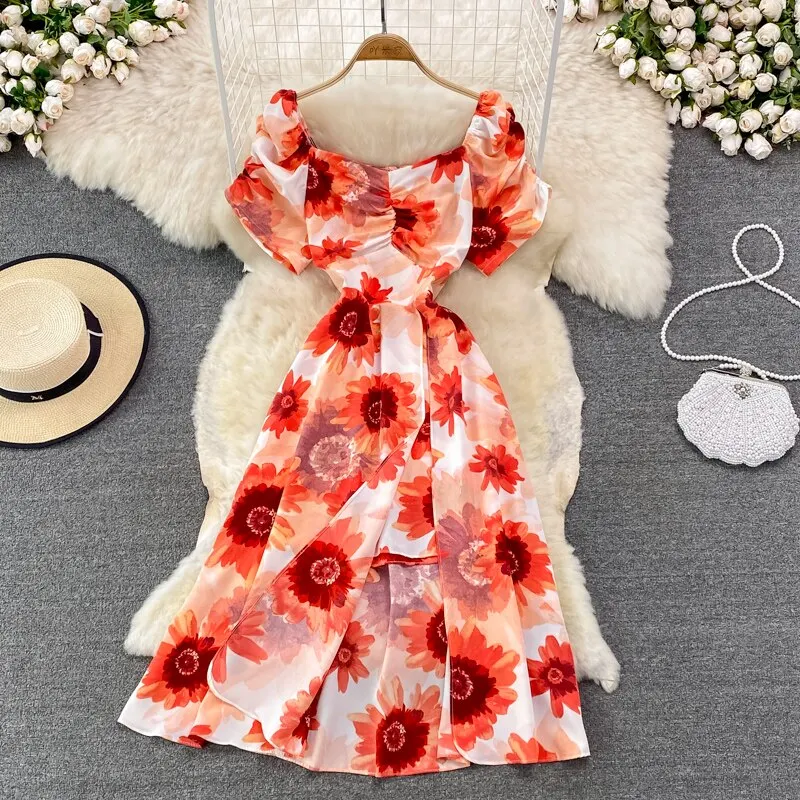 Maxct Vintage Women Printed Dresss Sexy Square Collar Short Puff Sleeve High Waist A-Line Vacation Beach Vestidos Female New
