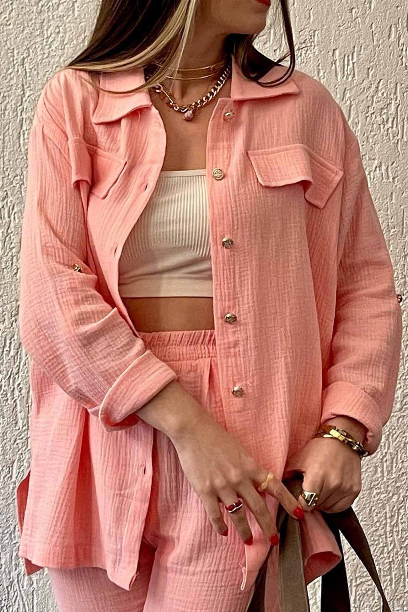 Maxct Long Sleeve Pocketed Slit Shirt Long Pants Suits