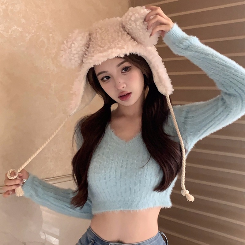 Maxct Women's Sweater Slim Fashion Solid Color Long Sleeves Top Sexy Expose Navel Y2k Clothing
