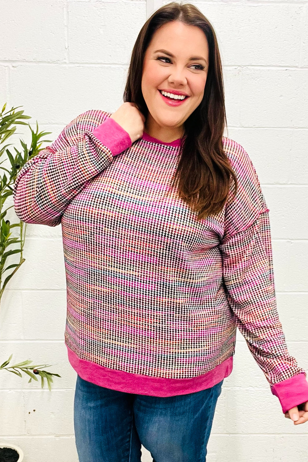 Maxct &Bring Joy Magenta Multicolor Textured Waffle Knit Sweater