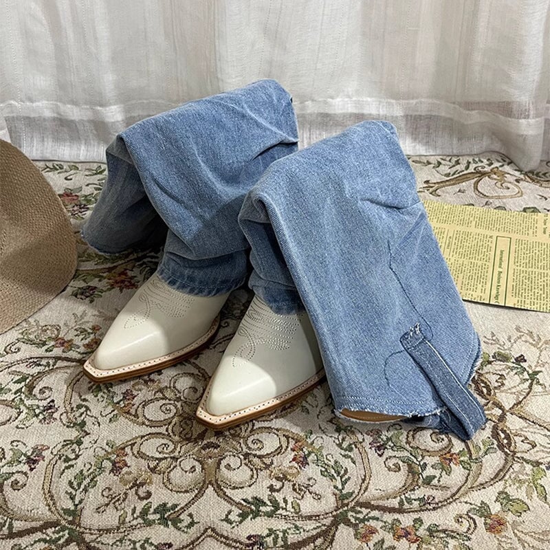 Wide-Shaft Wedge Boots Foldover Western Boots Blue & Off-White Mid Cowboy Boots Maxct