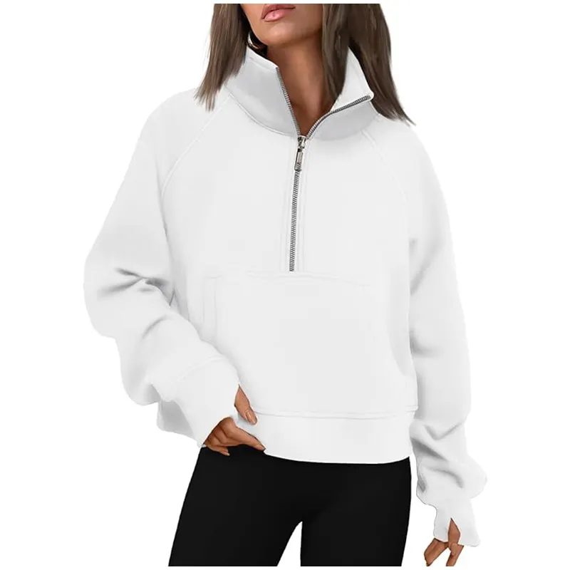 Casual Half Zipper Plush Hoodies Women Loose Solid Lapel Pockets Sweat Shirt Female Autumn Chic Warm Sports Yoga Outwear