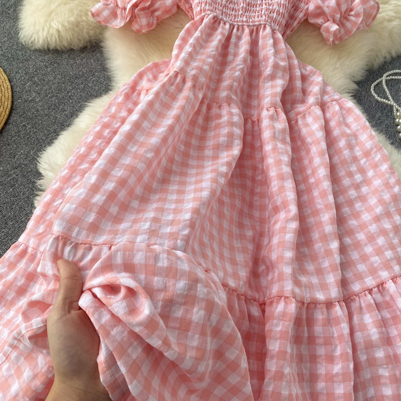 Puff Sleeve Gingham Tiered Dress Maxct