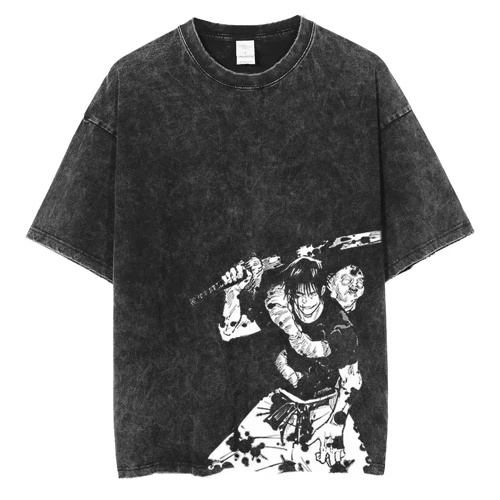 Maxct Hip Hop Streetwear Summer Short Sleeve Vintage T-Shirt Japanese Anime Graphic Print TShirt Men Harajuku Casual Loose Washed Tees