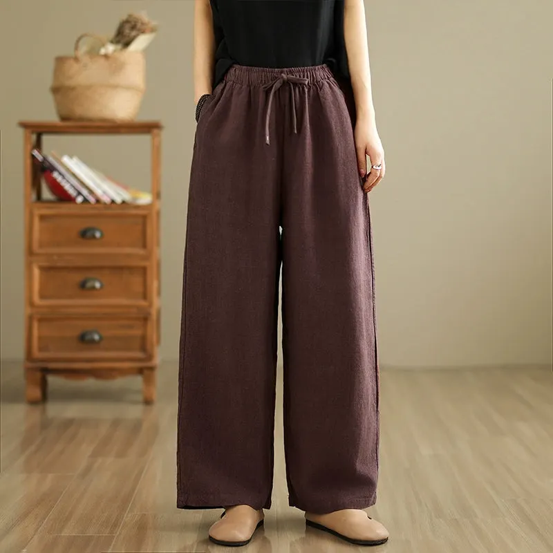 Retro Solid Color High Waist Comfy Linen Pants for Women