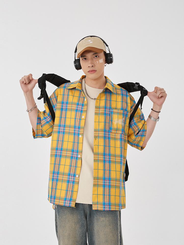Maxct 90s Streetwear Fashion Retro Contrast Color Plaid Shirt Women's Summer New Letter Embroidered Design Casual Half Sleeve Coat Top