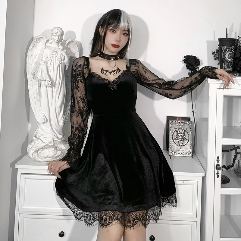 Maxct cybergoth dress to impress Hy21249 Dark Style Autumn New Hip Hop Lace Fashion Chest Speaker Long Sleeve Dress