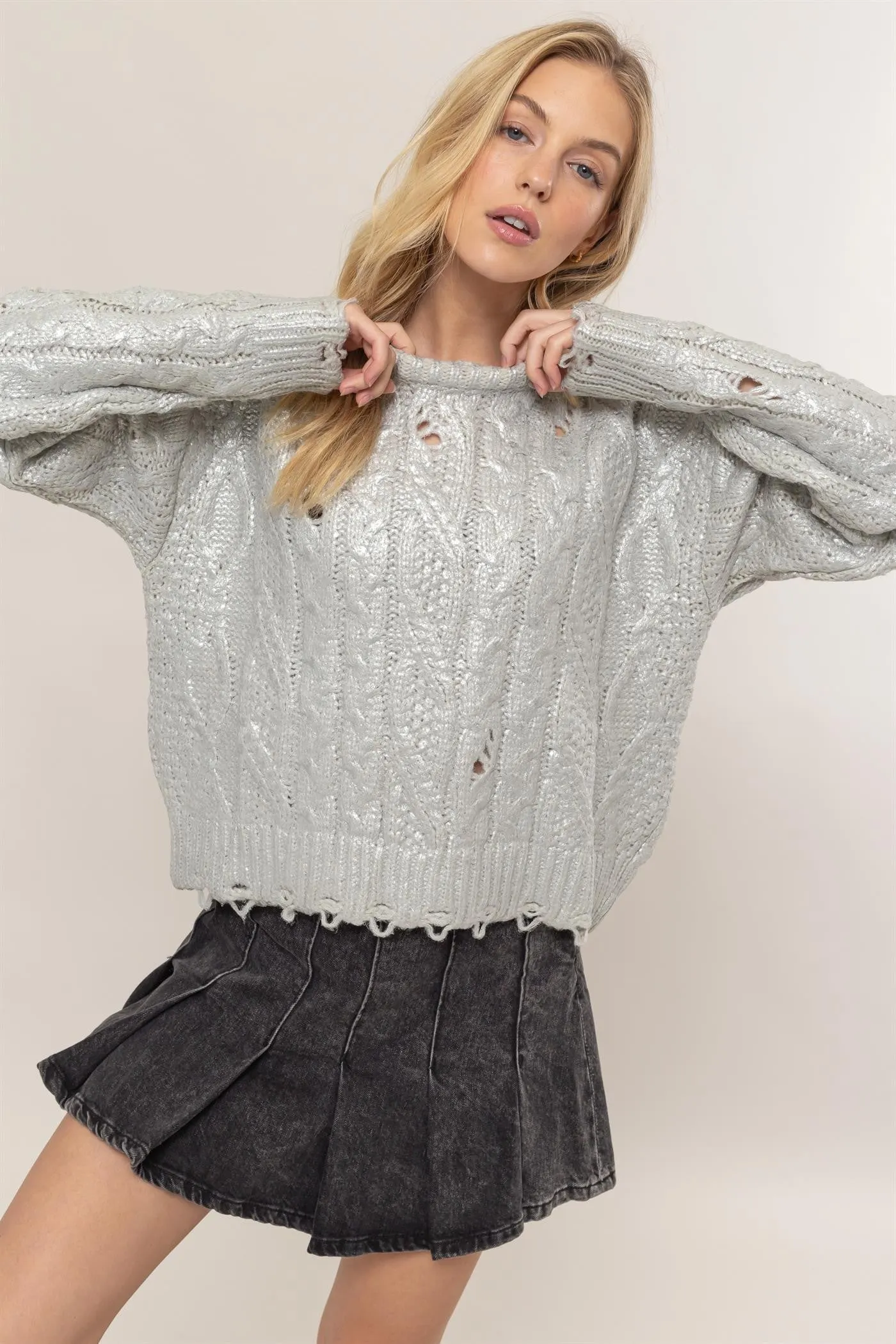Maxct &HYFVE Distressed Cable-Knit Round Neck Long Sleeve Sweater