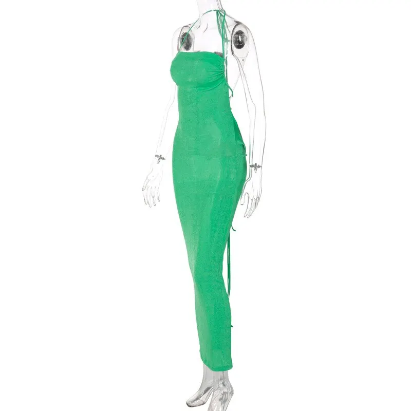 Elegant Fashion Halter Sexy Backless Draped Maxi Dress Women Summer Club Party Long Straps Shift Dresses Clothes