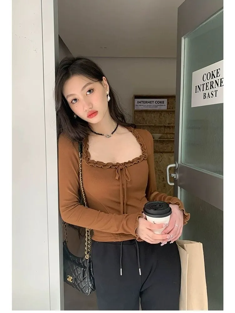 Square Neck Pleated Sexy Tops Casual Autumn Slim Long Sleeved T-shirt for Women's Ins Fashion Crop Top