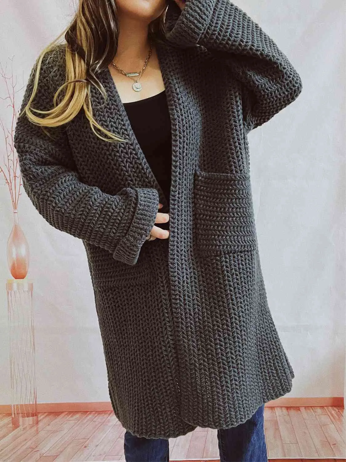Maxct &Open Front Long Sleeve Cardigan with Pockets