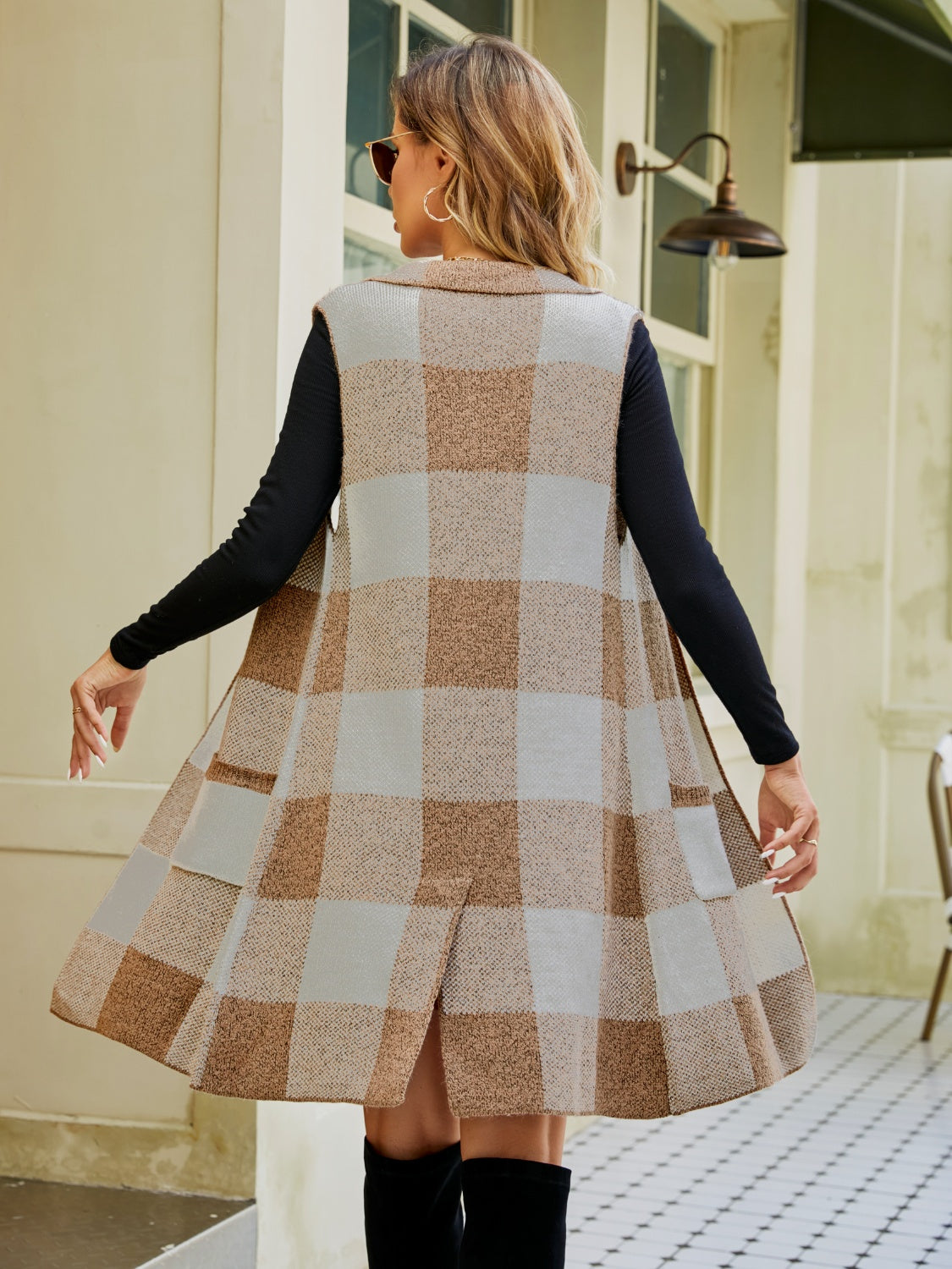 Maxct &Plaid Lapel Collar Sleeveless Cardigan