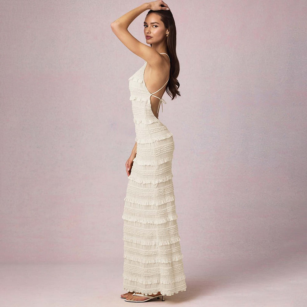 Ruffle Lace Backless Halter Neck Dress Maxct
