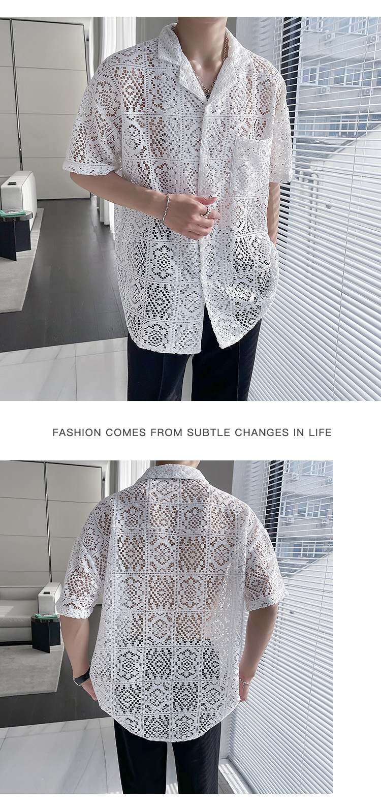 Summer New Casual Hollow Out Shirts Men Sexy See Through Breathable Shirt For Mens Fashion Solid Color Lapel Buttoned Cardigans