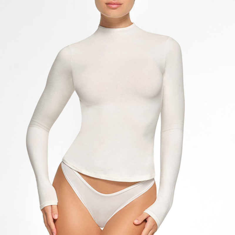 Solid Color Slim Fit T-shirt Women Spring Autumn Basic Crop Tops Casual Long Sleeve High Neck Female Fashion Tees Clothes