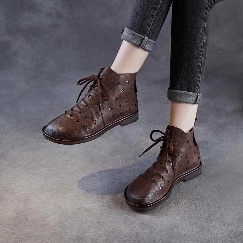Women Summer Leather Hollow Lace Up Soft Sole Boots
