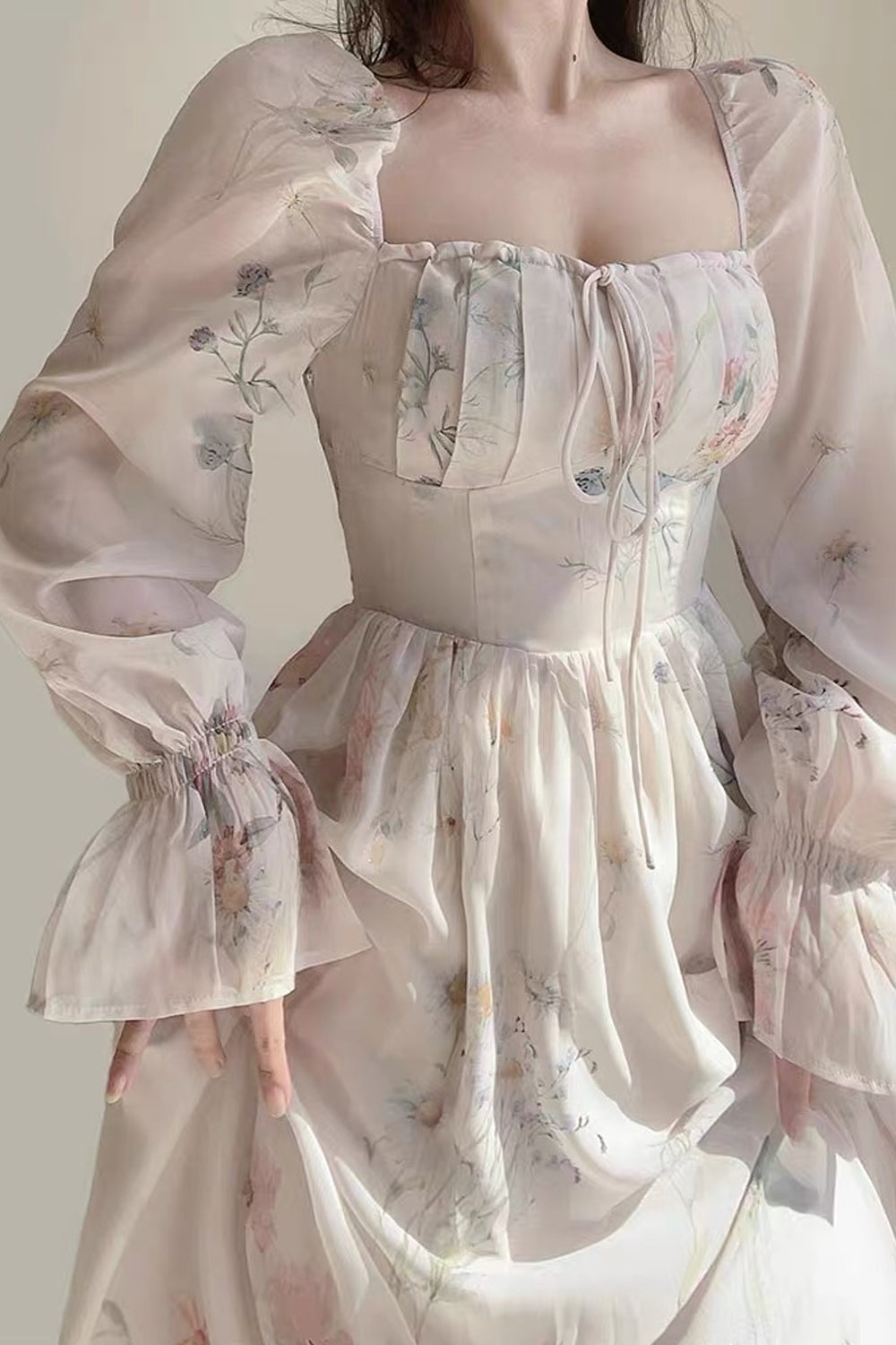 Long Sleeve Retro Floral Pattern Long Dress Maxct