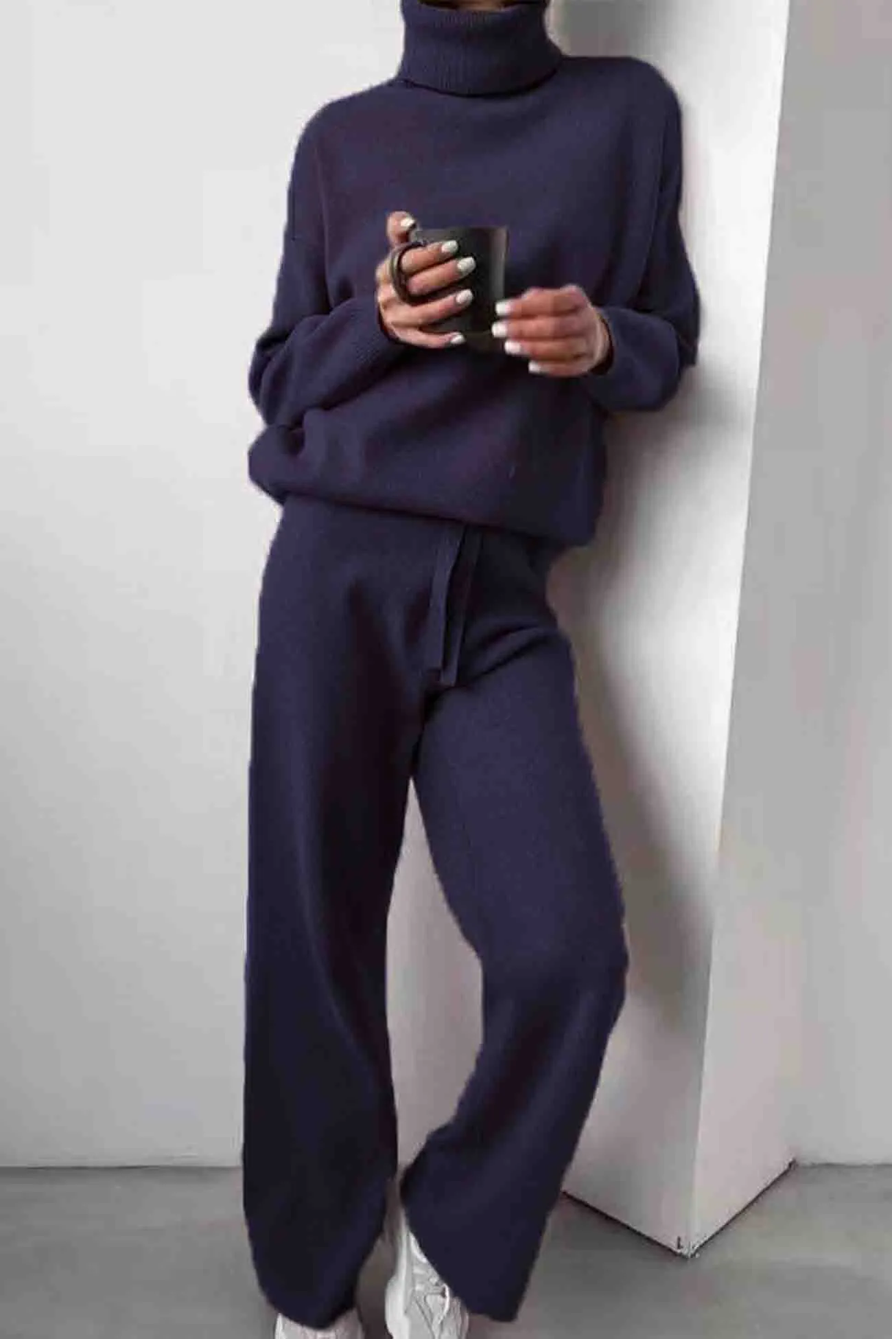 Maxct Solid Turtleneck Long Sleeve Long Pant Knitted Set