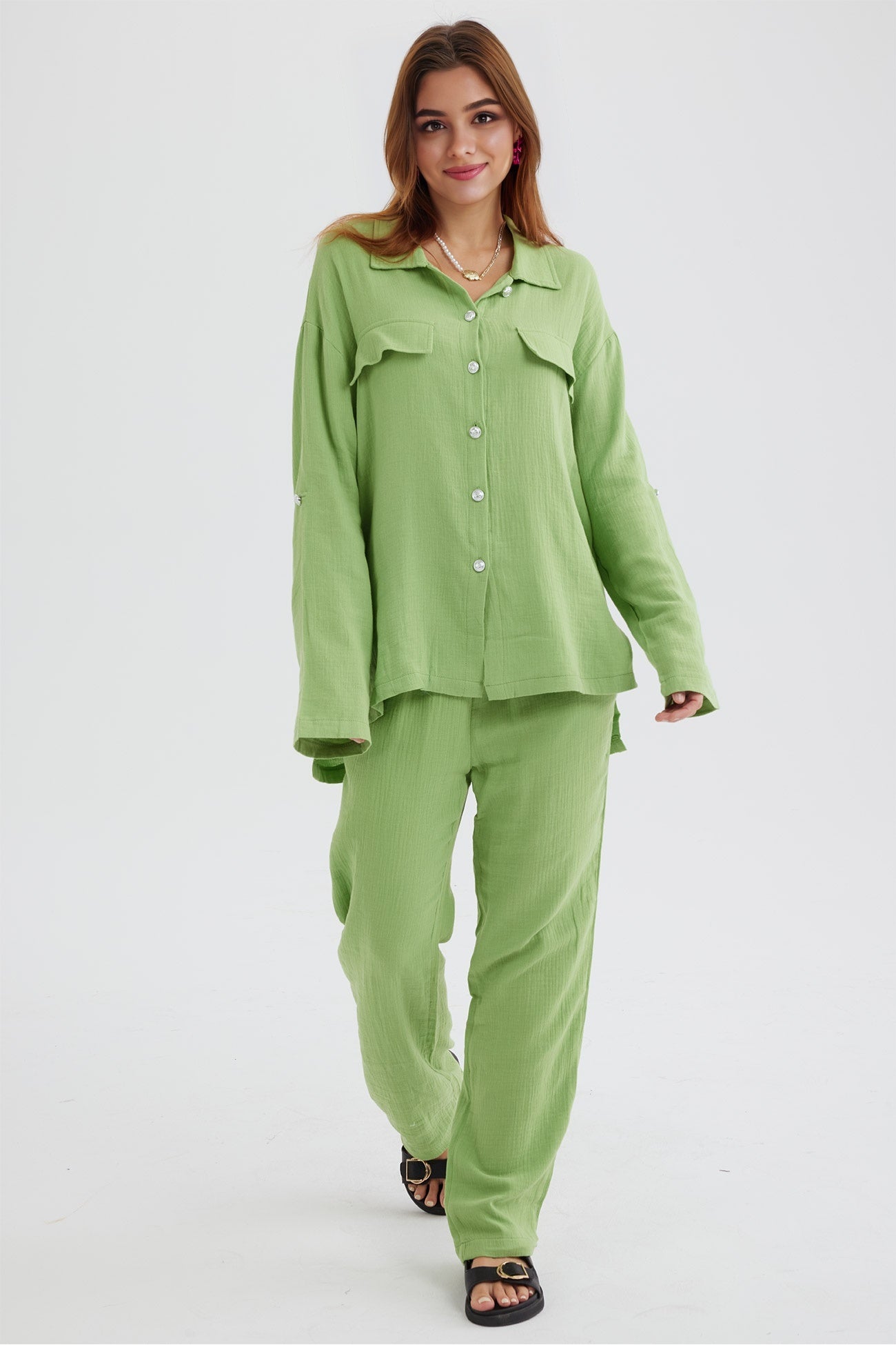 Maxct Long Sleeve Pocketed Slit Shirt Long Pants Suits