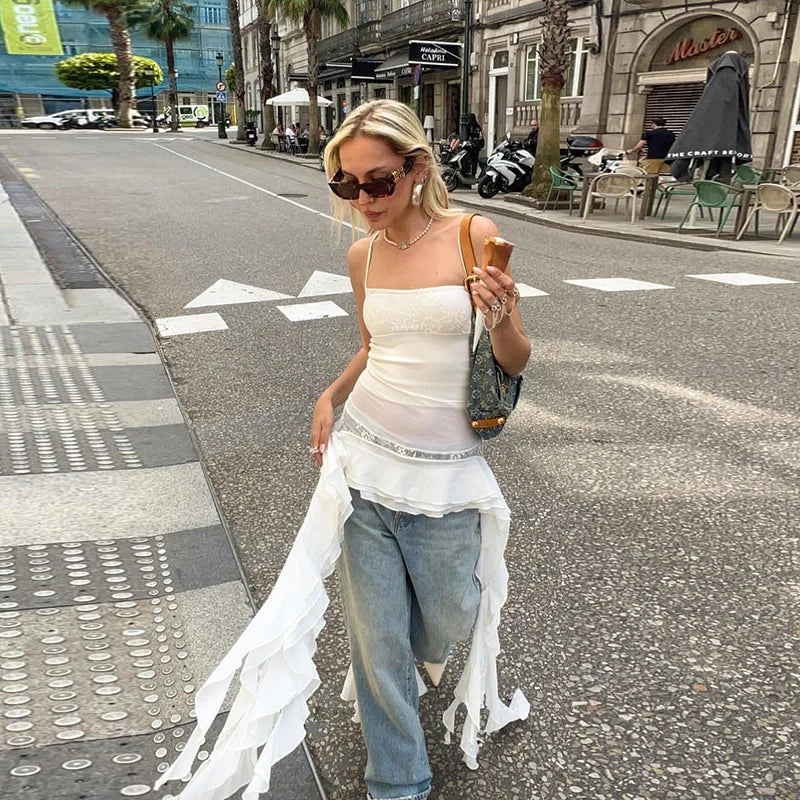 Maxct-Summer Women's Suspenders Neck Lace Stitching Irregular Gown Dress Women's Club Party Dress Vestidos