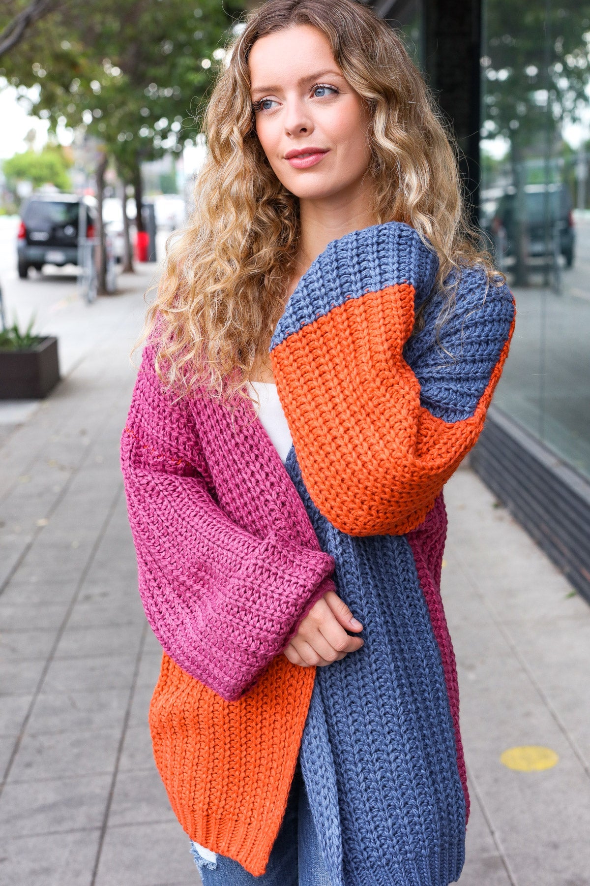 Maxct &Dazzle In Magenta & Navy Chunky Knit Color Block Cardigan