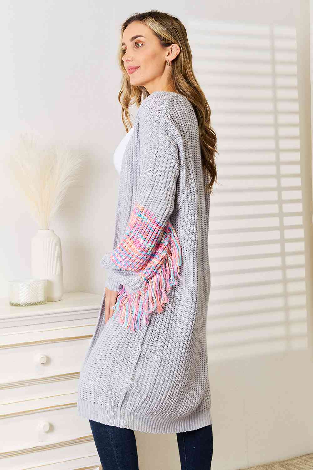 Maxct &Woven Right Fringe Sleeve Dropped Shoulder Cardigan