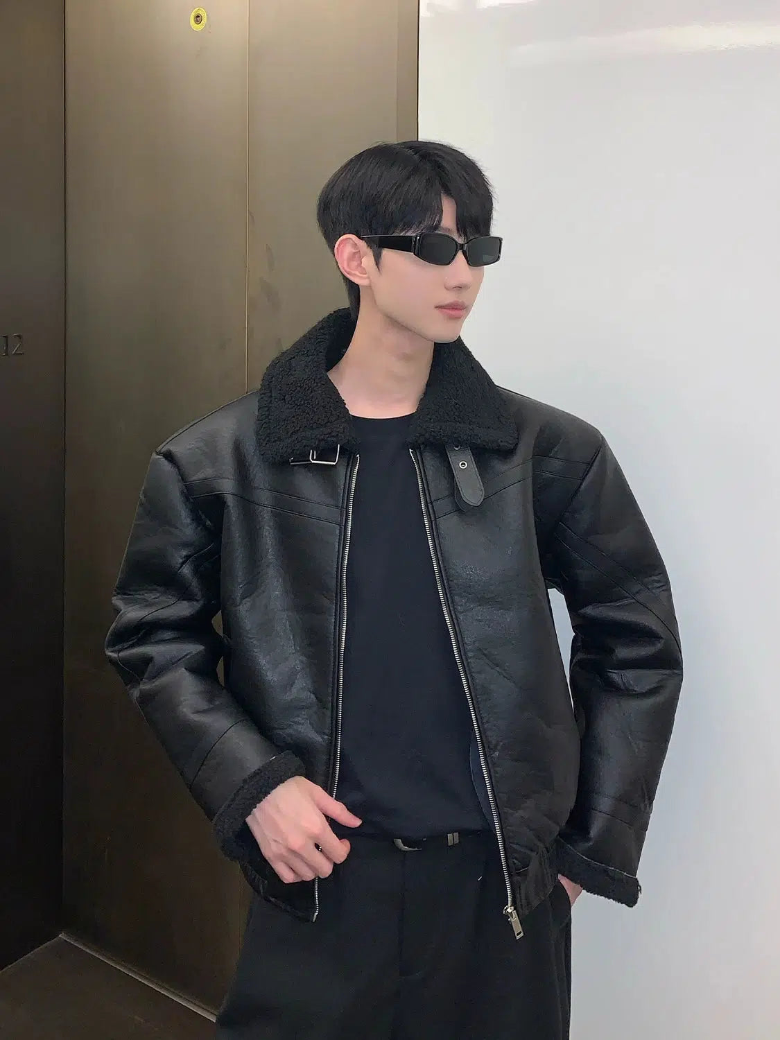 Maxct Fleece Stand Collar Faux Leather Jacket