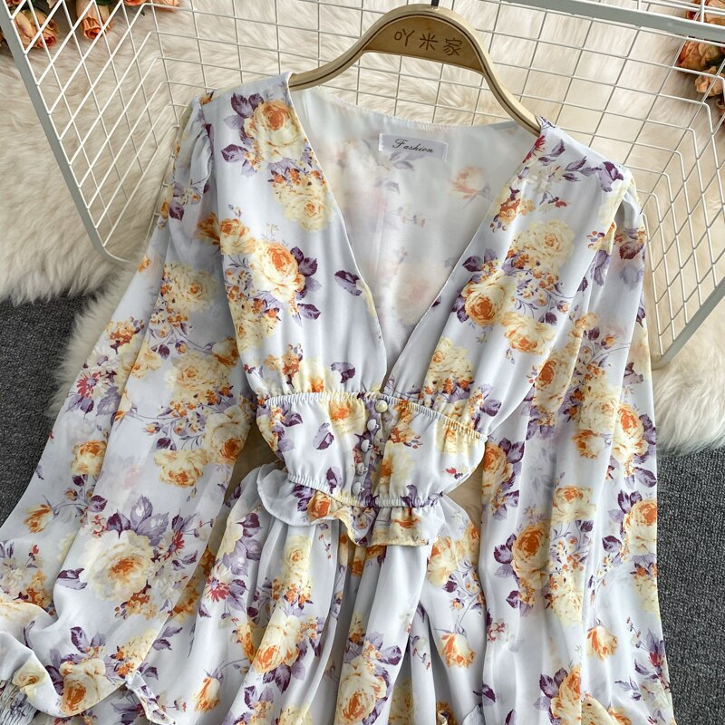 Women's Green/Purple/Beige Floral Chiffon Dress Bohemian V-Neck Lantern Long Sleeve High Waist Ruffle Vestidos Female New