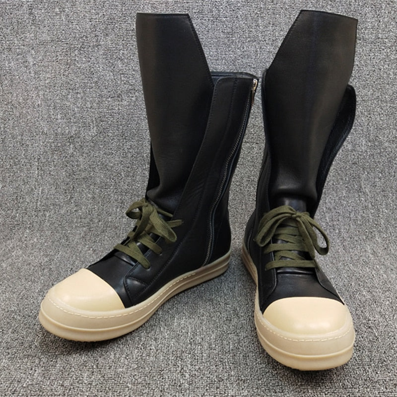 Leather Sneakers  Black Round Toe High-top Unisex Maxct