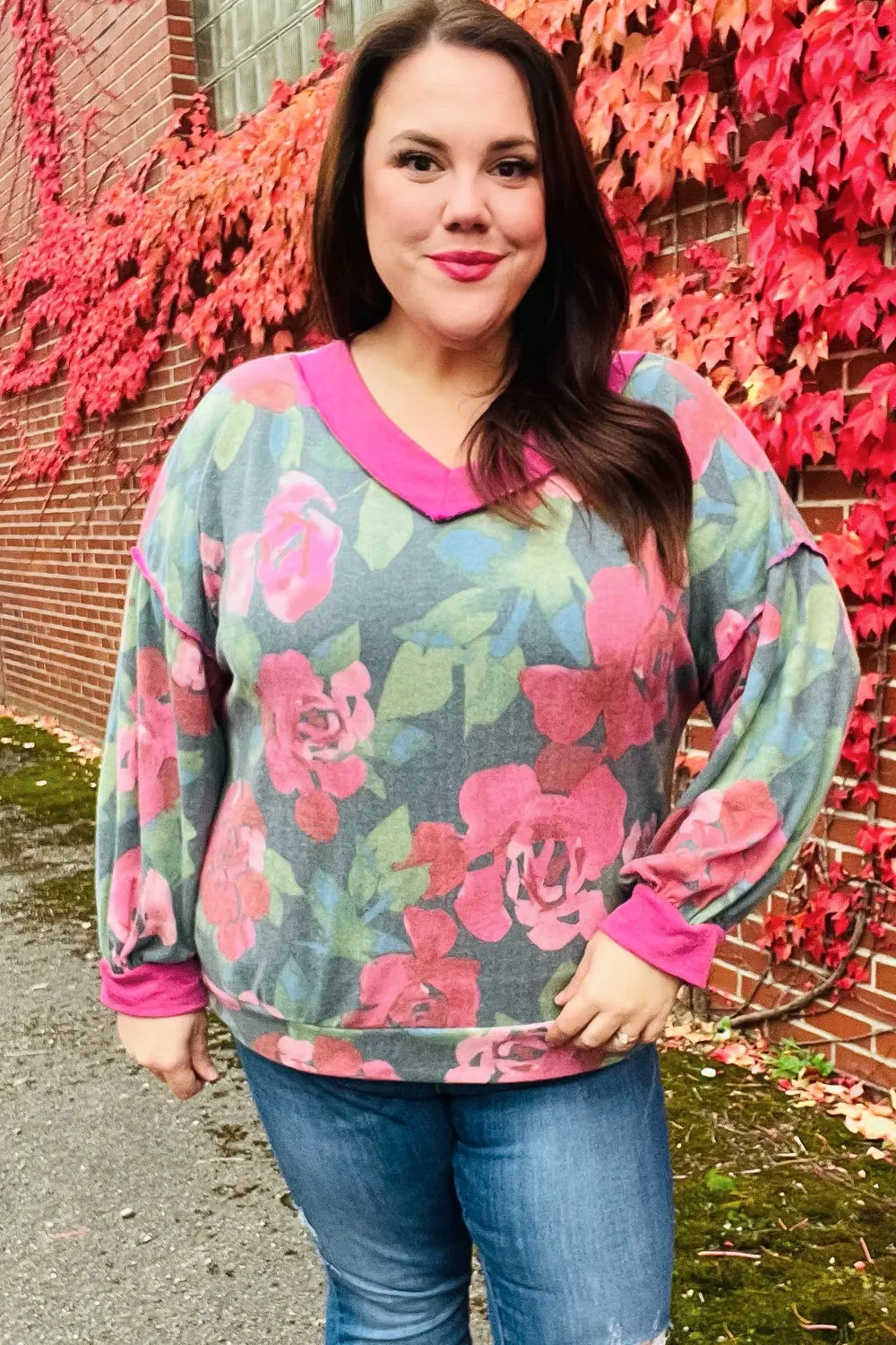 Maxct &Beautiful You Vintage Teal Floral Print V Neck Hacci Knit Sweater