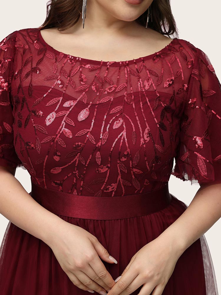 Leaf Sequin Bodice Mesh Party Dress Maxct
