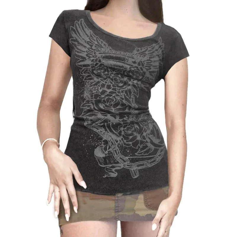Maxct y2k Aesthetic Fairy Grunge Vintage Tops Graphic Print Brown T-Shirt Short Sleeve Slim Pullover Sweats Tees Harajuku Retro Women