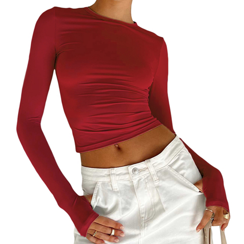 Female Fashion Going Out T-Shirt Women Sexy Long Sleeve Fitted Crop Tops Y2K Crew Neck Casual Basic Tight Tees Streetwear